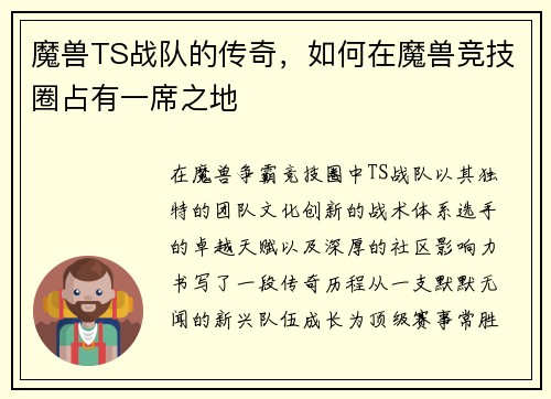 魔兽TS战队的传奇，如何在魔兽竞技圈占有一席之地