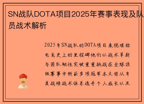 SN战队DOTA项目2025年赛事表现及队员战术解析